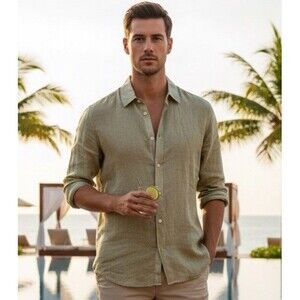 DS 100% Linen Button Down Shirt Size M Lagenlook Moss Green Breathable